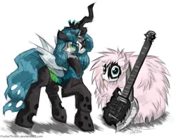 Size: 1825x1429 | Tagged: safe, artist:flutterthrash, derpibooru import, queen chrysalis, oc, oc:fluffle puff, changeling, changeling queen, pony, duo, duo female, electric guitar, face paint, female, g4, gene simmons, glam metal, glam rock, guitar, hard rock, heavy metal, horn, image, kiss (band), looking at you, musical instrument, paul stanley, png, rock (music), simple background, tongue out, white background