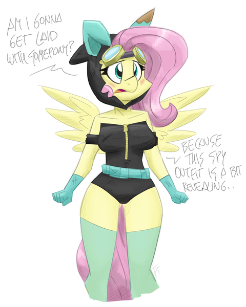 Size: 1200x1500 | Tagged: suggestive, artist:flutterthrash, derpibooru import, fluttershy, anthro, pegasus, belt, blushing, breasts, bunny ears, busty fluttershy, clothes, costume, dangerous mission outfit, dialogue, female, flutterspy, g4, gloves, goggles, goggles on head, hoodie, image, open mouth, png, requested art, revealing clothing, simple background, socks, solo, solo female, spread wings, stockings, text, thigh highs, white background, wings