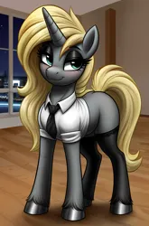 Size: 1472x2224 | Tagged: safe, derpibooru import, machine learning generated, stable diffusion, oc, unofficial characters only, pony, ai content, blonde mane, blue eyes, clothes, female, image, mare, necktie, png, sexy, socks, solo, solo female, stockings, thigh highs