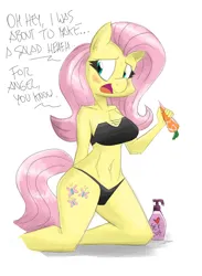 Size: 1200x1640 | Tagged: suggestive, artist:flutterthrash, derpibooru import, fluttershy, anthro, pegasus, belly button, black bra, black panties, black underwear, blatant lies, blushing, bra, breasts, busty fluttershy, carrot, caught, cleavage, clothes, dialogue, female, food, g4, herbivore, image, improvised sex toy, kneeling, lies, looking away, looking back, lube, nervous, panties, png, sex toy, simple background, sketch, solo, solo female, sweat, tail, talking to viewer, underwear, white background