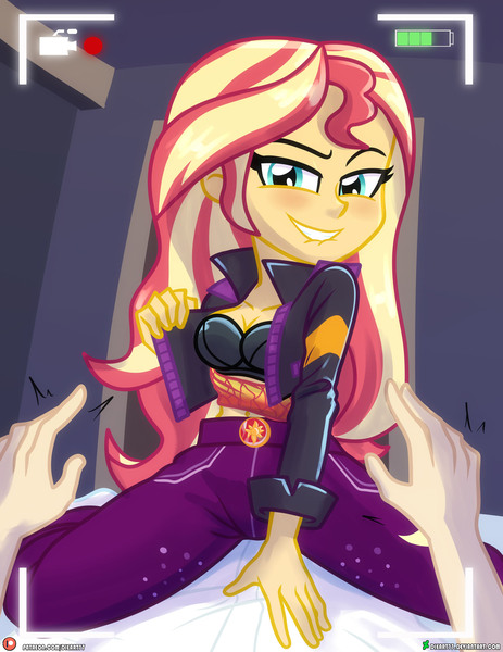 Size: 1500x1942 | Tagged: suggestive, artist:dieart77, derpibooru import, sunset shimmer, human, equestria girls, bedroom eyes, belly button, belt, blushing, bra, breasts, busty sunset shimmer, clothes, e-cup bra, female, geode of empathy, image, indoors, jacket, jpeg, leather, leather jacket, lip bite, looking at you, looking down, looking down at you, magical geodes, male, midriff, offscreen character, on top, pants, pov, recording, shirt, smiling, underwear, window
