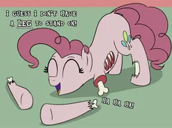 Size: 2048x1524 | Tagged: semi-grimdark, artist:legendoflink, derpibooru import, pinkie pie, earth pony, pony, undead, zombie, zombie pony, biting, bone, dialogue, dismemberment, ear bite, eyes closed, female, image, jpeg, laughing, mare, open mouth, open smile, pinktober, pun, severed limb, smiling, solo