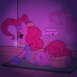 Size: 2048x2048 | Tagged: suggestive, artist:legendoflink, derpibooru import, pinkie pie, earth pony, pony, balloonbutt, bedroom eyes, breath, butt, clothes, cobra stretch, female, image, implied anon, jpeg, leg warmers, leotard, looking at you, looking back, looking back at you, mare, pinktober, plot, solo, solo female, stretching, sweatband