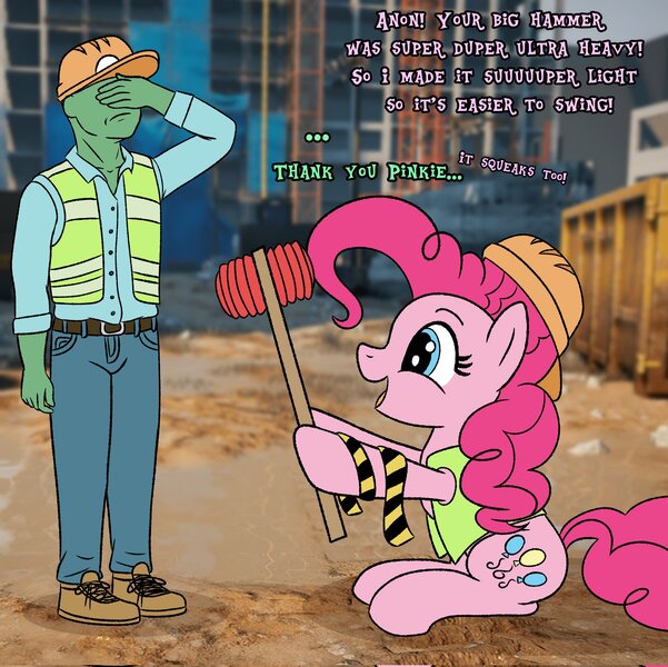 Size: 2048x2045 | Tagged: safe, artist:legendoflink, derpibooru import, pinkie pie, oc, oc:anon, earth pony, human, pony, clothes, construction, dialogue, duo, duo male and female, facepalm, female, hammer, hard hat, hat, hoof hold, image, jpeg, male, mare, pinktober, safety vest, toy