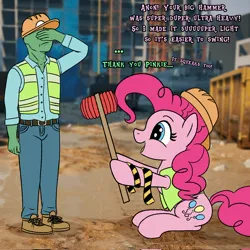 Size: 2048x2045 | Tagged: safe, artist:legendoflink, derpibooru import, pinkie pie, oc, oc:anon, earth pony, human, pony, clothes, construction, dialogue, duo, duo male and female, facepalm, female, hammer, hard hat, hat, hoof hold, image, jpeg, male, mare, pinktober, safety vest, toy