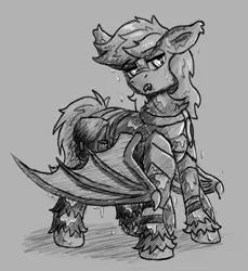 Size: 1638x1788 | Tagged: safe, artist:reddthebat, derpibooru import, oc, unofficial characters only, bat pony, pony, bat pony oc, bat wings, female, gray background, grayscale, image, mare, monochrome, png, simple background, solo, sweat, sweating profusely, unshorn fetlocks, wings