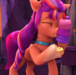 Size: 724x720 | Tagged: safe, derpibooru import, edit, edited screencap, screencap, sunny starscout, g5, my little pony: make your mark, spoiler:g5, spoiler:my little pony: make your mark, spoiler:my little pony: make your mark chapter 5, spoiler:mymc05e05, animated, cropped, cute, eyes closed, food, gif, ice cream, ice cream cone, image, licking, loop, mane smelody, my little pony: make your mark chapter 5, reversed, solo, strawberry, sunnybetes, tongue out