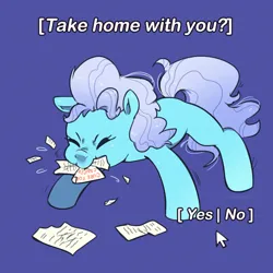 Size: 1275x1275 | Tagged: safe, artist:talimingi, derpibooru import, screw loose, earth pony, pony, behaving like a dog, blue background, chewing, eating, eyes closed, female, image, jpeg, mare, missing cutie mark, paper, simple background, solo, text
