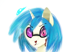 Size: 1500x1000 | Tagged: semi-grimdark, artist:zestymf, derpibooru import, vinyl scratch, pony, unicorn, black eye, bleeding, blood, bruised, bust, digital art, female, g4, glasses, grin, head, image, implied drug use, looking at you, nosebleed, png, portrait, procreate app, red eyes, signature, simple background, smiling, smirk, smug, transparent background