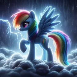 Size: 1024x1024 | Tagged: safe, machine learning generated, ponerpics import, ponybooru import, rainbow dash, pegasus, pony, ai content, alternate cutie mark, bing, cloud, female, image, jpeg, lightning, mare, rain, solo, spread wings, standing on a cloud, wings