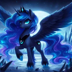Size: 1024x1024 | Tagged: safe, machine learning generated, ponerpics import, ponybooru import, princess luna, alicorn, pony, ai content, bing, crystal, female, image, jpeg, mare, moon, solo, spread wings, wings