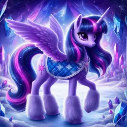Size: 1024x1024 | Tagged: safe, machine learning generated, ponerpics import, ponybooru import, twilight sparkle, twilight sparkle (alicorn), alicorn, pony, ai content, bing, clothes, crystal, female, image, jpeg, magic, mare, smiling, snow, solo, spread wings, wings, winter outfit