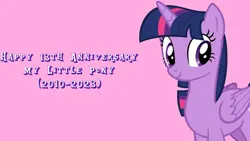 Size: 1920x1080 | Tagged: safe, artist:andoanimalia, derpibooru import, edit, editor:jaredking779, twilight sparkle, twilight sparkle (alicorn), alicorn, pony, female, folded wings, image, jpeg, looking at you, mare, mlp fim's thirteenth anniversary, pink background, simple background, smiling, solo, wings