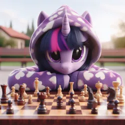 Size: 1024x1024 | Tagged: safe, machine learning generated, ponerpics import, ponybooru import, twilight sparkle, pony, unicorn, ai content, arm hooves, bing, chess, chess piece, chessboard, clothes, female, hoodie, image, jpeg, looking at you, mare, solo, unicorn twilight