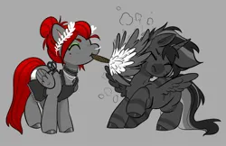 Size: 2084x1347 | Tagged: safe, artist:opalacorn, derpibooru import, oc, oc:void, unofficial characters only, alicorn, pegasus, pony, zebra, zebracorn, apron, clothes, duo, duster, eyes closed, female, gray background, hiding behind wing, image, jpeg, laurel, male, mare, mouth hold, nose piercing, nose ring, piercing, simple background, stallion, wings