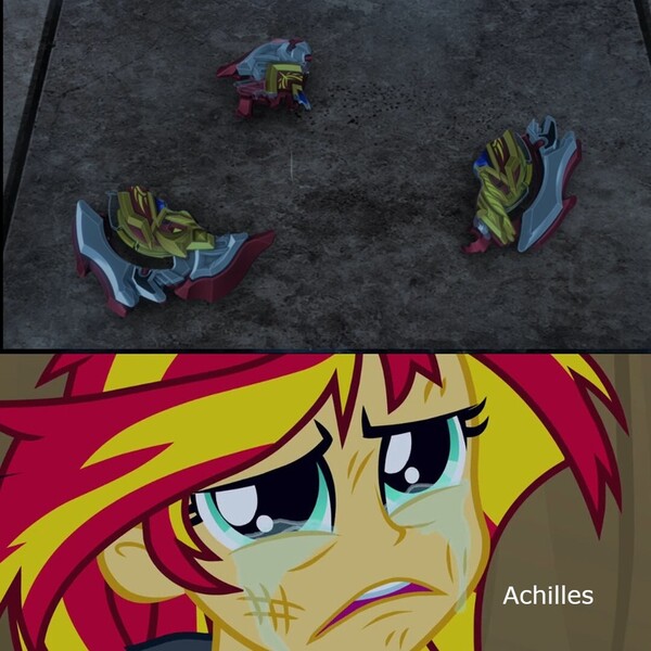 Size: 1080x1080 | Tagged: safe, derpibooru import, sunset shimmer, equestria girls, achilles, beyblade, image, implied death, jpeg, sad