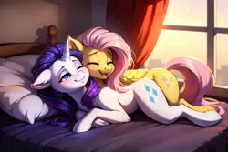Size: 1536x1024 | Tagged: safe, ai content, derpibooru import, machine learning generated, stable diffusion, fluttershy, rarity, pegasus, pony, unicorn, bed, blushing, cheek rub, chest fluff, cuddling, duo, duo female, ear fluff, eyes closed, female, flarity, fluffy, hotel room, image, laying on bed, lesbian, lying down, manehattan, mare, on bed, one eye closed, open mouth, pillow, png, prompter:tyto4tme4l, shipping, smiling, window