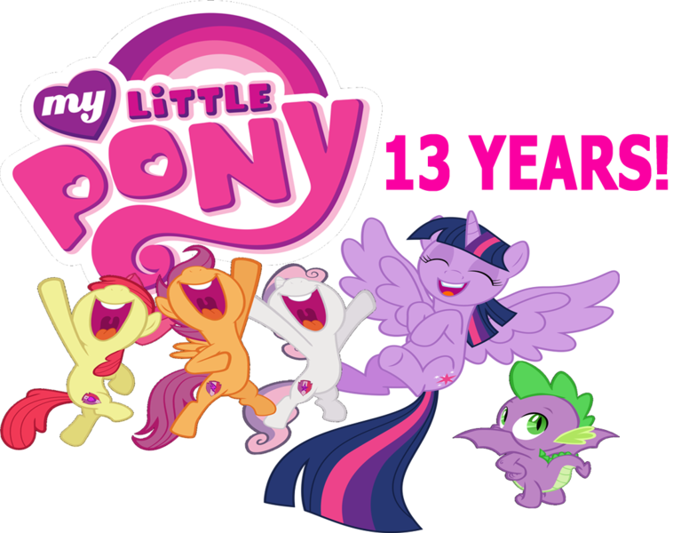 Size: 1111x869 | Tagged: safe, artist:jp, artist:memnoch, artist:sir-teutonic-knight, derpibooru import, apple bloom, scootaloo, spike, sweetie belle, twilight sparkle, twilight sparkle (alicorn), alicorn, dragon, adorabloom, cute, cutealoo, cutie mark, cutie mark crusaders, diasweetes, excited, female, flying, happy, image, jumping, logo, male, mlp fim's thirteenth anniversary, my little pony, my little pony logo, png, spread wings, the cmc's cutie marks, winged spike, wings