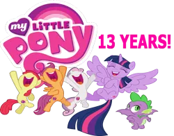 Size: 1111x869 | Tagged: safe, artist:jp, artist:memnoch, artist:sir-teutonic-knight, derpibooru import, apple bloom, scootaloo, spike, sweetie belle, twilight sparkle, twilight sparkle (alicorn), alicorn, dragon, adorabloom, cute, cutealoo, cutie mark, cutie mark crusaders, diasweetes, excited, female, flying, happy, image, jumping, logo, male, mlp fim's thirteenth anniversary, my little pony, my little pony logo, png, spread wings, the cmc's cutie marks, winged spike, wings