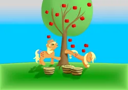 Size: 7016x4961 | Tagged: safe, artist:пшеница, derpibooru import, applejack, applejack (g1), g1, apple, apple tree, applejack's hat, bow, bucking, cowboy hat, derpibooru exclusive, duo, food, hat, image, mlp fim's thirteenth anniversary, png, simple background, tail, tail bow, tree