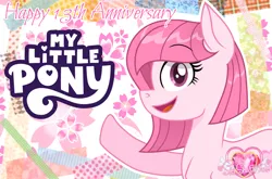 Size: 1446x952 | Tagged: safe, artist:muhammad yunus, derpibooru import, oc, oc:annisa trihapsari, unofficial characters only, earth pony, pony, earth pony oc, female, happy, happy birthday mlp:fim, ibispaint x, image, logo, looking at you, mare, open mouth, open smile, png, smiling, smiling at you, solo, text, watermark