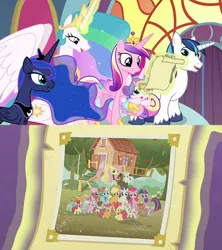 Size: 1000x1126 | Tagged: safe, derpibooru import, edit, edited screencap, editor:incredibubbleirishguy, screencap, apple bloom, applejack, cheerilee, diamond tiara, fluttershy, pinkie pie, pipsqueak, princess cadance, princess celestia, princess flurry heart, princess luna, rainbow dash, rarity, scootaloo, shining armor, silver spoon, snails, snips, spike, sweetie belle, twilight sparkle, twilight sparkle (alicorn), twist, alicorn, crusaders of the lost mark, season 5, season 8, spoiler:s08, alternate scenario, clubhouse, crusaders clubhouse, cutie mark, cutie mark crusaders, female, image, mane seven, mane six, png, royal sisters, royalty, siblings, sisters, the cmc's cutie marks, theme song