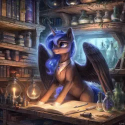 Size: 2048x2048 | Tagged: safe, derpibooru import, machine learning generated, princess luna, alicorn, pony, ai content, alchemy, belly, belly button, book, bookshelf, female, generator:easyfluff, hooves on the table, image, jewelry, mare, png, potion, prompter:mr-bat, smiling, spread wings, wings