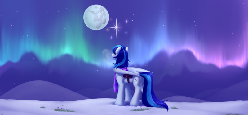 Size: 3088x1440 | Tagged: safe, alternate version, artist:nika-rain, derpibooru import, oc, oc:snowflake flower, unofficial characters only, pegasus, pony, aurora borealis, commission, cute, desktop background, female, image, moon, night, png, snow, solo, stars, wallpaper