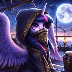 Size: 1024x1024 | Tagged: safe, derpibooru import, machine learning generated, twilight sparkle, twilight sparkle (alicorn), alicorn, pony, ai content, airship, clothes, cloud, deck, female, full moon, generator:bing image creator, hood, image, jpeg, mare, moon, night, night sky, robe, scarf, sky, solo, spread wings, symbol, wings