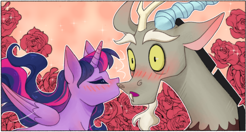 Size: 2903x1565 | Tagged: safe, alternate version, artist:daffolyn, derpibooru import, part of a set, discord, twilight sparkle, twilight sparkle (alicorn), alicorn, comic:discordant intentions, comic:discordant intentions (version 2), the ending of the end, antlers, blushing, close-up, discolight, female, flowing hair, friendshipping, horn, image, kiss on the cheek, kissing, male, outdoors, png, shipping, shocked, shocked expression, shojo, sparkles, straight