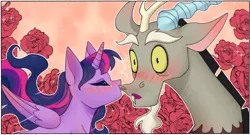 Size: 2903x1565 | Tagged: safe, alternate version, artist:daffolyn, derpibooru import, part of a set, discord, twilight sparkle, twilight sparkle (alicorn), alicorn, comic:discordant intentions, comic:discordant intentions (version 2), the ending of the end, antlers, blushing, close-up, discolight, female, flowing hair, friendshipping, horn, image, kiss on the cheek, kissing, male, outdoors, png, shipping, shocked, shocked expression, shojo, sparkles, straight