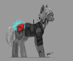 Size: 2000x1667 | Tagged: safe, artist:panzery25, derpibooru import, oc, unofficial characters only, earth pony, pony, bandage, braid, clothes, gray background, image, jpeg, life bar, science fiction, simple background, solo, watch, wristwatch