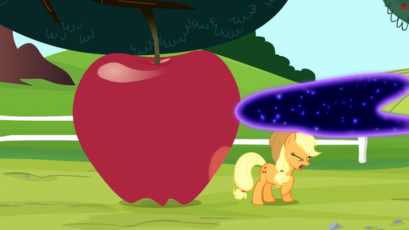 Size: 1920x1080 | Tagged: safe, derpibooru import, screencap, applejack, tantabus, earth pony, pony, do princesses dream of magic sheep, apple, eyes closed, female, food, giant apple, image, mare, open mouth, png, shiny