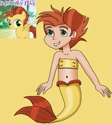 Size: 783x868 | Tagged: safe, artist:ocean lover, derpibooru import, lemon crumble, human, mermaid, pegasus, bandeau, bare midriff, bare shoulders, belly, belly button, brown hair, child, cute, female, fins, fish tail, friendship student, green eyes, happy, human coloration, humanized, hyper sonic, image, light skin, looking up, mermaid tail, mermaidized, midriff, ms paint, png, reference, reference sheet, short hair, simple background, sleeveless, solo, species swap, swimming, tail, tail fin, two toned hair, yellow background, yellow tail