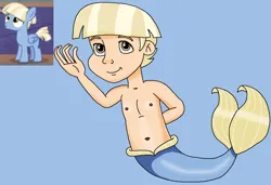 Size: 972x664 | Tagged: safe, artist:ocean lover, derpibooru import, water spout, human, merboy, mermaid, merman, pegasus, amber eyes, bare shoulders, belly, belly button, blue background, blue tail, child, cute, fins, fish tail, friendship student, human coloration, humanized, image, light skin, looking at you, male, mermaid tail, ms paint, png, reference, reference sheet, simple background, sleeveless, solo, species swap, swimming, tail, tail fin, two toned hair, waving, waving at you, yellow eyes, yellow hair
