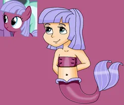 Size: 889x754 | Tagged: safe, artist:ocean lover, derpibooru import, gooseberry, earth pony, human, mermaid, arm behind back, bandeau, bare midriff, bare shoulders, belly, belly button, blue eyes, blue hair, cheerful, child, cute, female, fins, fish tail, friendship student, happy, human coloration, humanized, image, innocent, light skin, looking at something, mermaid tail, mermaidized, midriff, ms paint, png, purple background, purple tail, reference, reference sheet, short hair, simple background, sleeveless, solo, species swap, swimming, tail, tail fin
