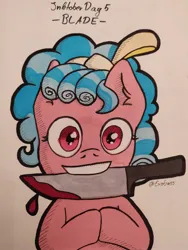 Size: 1050x1400 | Tagged: safe, artist:exobass, derpibooru import, cozy glow, pegasus, pony, blood, female, filly, foal, image, inktober, inktober 2020, jpeg, knife, looking at you, mouth hold, solo, traditional art