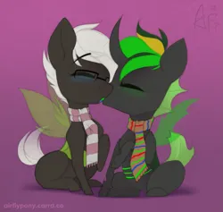 Size: 1159x1100 | Tagged: safe, artist:airfly-pony, derpibooru import, oc, oc:emerald ink, oc:jack sunshine, unofficial characters only, changeling, 2021, blue blush, blushing, changeling oc, chibi, clothes, digital edit, duo, duo male, eyes closed, french kiss, gay, green blush, green changeling, horn, image, kissing, male, multicolored mane, oc x oc, patreon, patreon reward, png, scarf, shipping, sitting, traditional art