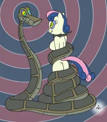 Size: 1024x1164 | Tagged: suggestive, artist:lol20, derpibooru import, bon bon, sweetie drops, anthro, earth pony, pony, snake, butt, coils, hypno eyes, hypnosis, hypnotized, image, jpeg, kaa, kaa eyes, looking at each other, looking at someone, smiling, standing, wrapped up
