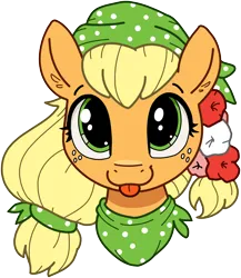 Size: 1886x2170 | Tagged: safe, artist:whiskeypanda, derpibooru import, applejack, :p, alternate hairstyle, bandana, bust, cute, flower, flower in hair, image, jackabetes, looking at you, png, simple background, smiling, smiling at you, tongue out, transparent background