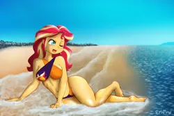 Size: 1200x800 | Tagged: suggestive, artist:empyu, derpibooru import, sunset shimmer, human, equestria girls, beach, belly button, bocas top, breasts, busty sunset shimmer, clothes, image, ocean, one eye closed, open mouth, open smile, png, sand, sky, smiling, swimsuit, tree, water