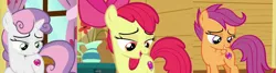 Size: 2094x563 | Tagged: safe, derpibooru import, edit, edited screencap, screencap, apple bloom, scootaloo, sweetie belle, earth pony, pegasus, pony, unicorn, on your marks, adorabloom, apple bloom's cutie mark, cute, cutealoo, cutie mark, cutie mark crusaders, diasweetes, exploitable meme, flank, image, lidded eyes, meme, png, scootaloo's cutie mark, stare, sweetie belle's cutie mark, the cmc's cutie marks