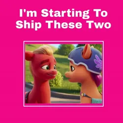 Size: 828x828 | Tagged: safe, artist:callmeblackbeauty, derpibooru import, editor:callmeblackbeauty, sprout cloverleaf, sunny starscout, earth pony, g5, my little pony: a new generation, image, jpeg, pink background, shipping, shipping fuel, simple background, text