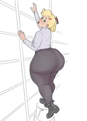 Size: 3600x5000 | Tagged: suggestive, artist:cuddlecore, artist:cuddlecorensfw, paywalled source, applejack, human, :o, alternate hairstyle, applebutt, ass, bottom heavy, butt, clothes, female, hairpin, humanized, image, large butt, looking back, open mouth, pants, paywall content, png, shirt, shoes, solo, solo female, stool, the ass was fat