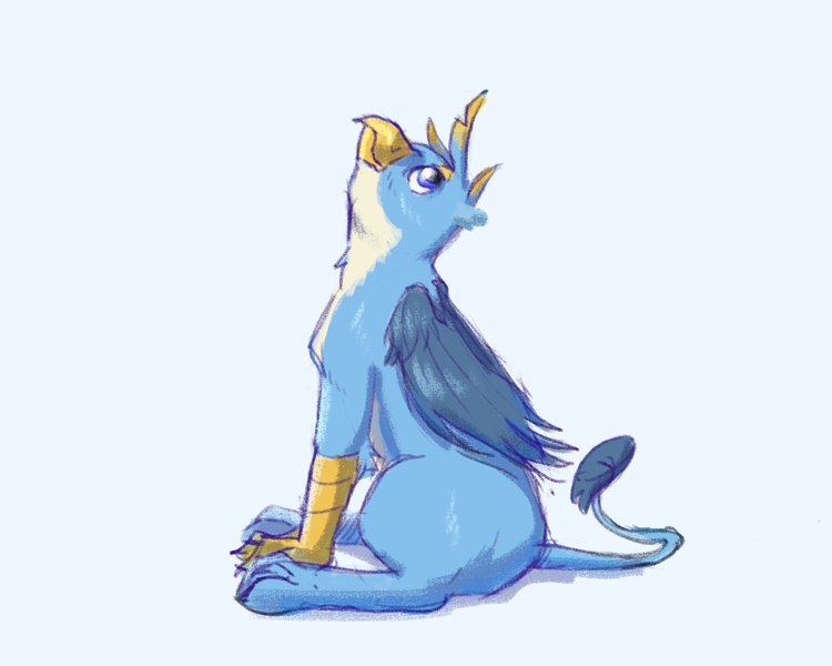 Size: 2642x2113 | Tagged: safe, artist:wrypony, derpibooru import, gallus, gryphon, g4, image, looking up, male, png, simple background, sitting, solo