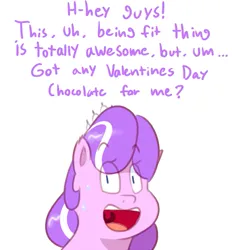 Size: 577x622 | Tagged: safe, artist:secretgoombaman12345, derpibooru import, diamond tiara, earth pony, pony, ask chubby diamond, chubby diamond, fat, image, jewelry, looking at you, open mouth, png, simple background, solo, sweat, talking to viewer, text, tiara, white background