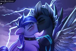 Size: 3000x2000 | Tagged: suggestive, artist:jedayskayvoker, derpibooru import, oc, oc:lightning flare, oc:platinum shadow, pegasus, pony, amputee, artificial wings, augmented, blushing, chest fluff, collar, ear fluff, eyes closed, folded wings, french kiss, gay, halfbody, image, kissing, leash, lightning, male, males only, pegasus oc, png, prosthetic limb, prosthetic wing, prosthetics, spread wings, storm, wings