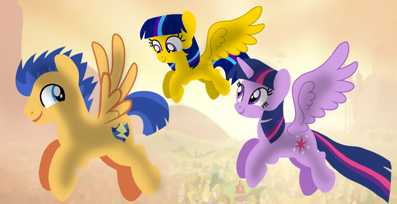 Size: 1980x1020 | Tagged: safe, artist:mlplary6, derpibooru import, flash sentry, twilight sparkle, twilight sparkle (alicorn), oc, oc:star sparkle, alicorn, pegasus, pony, alicorn wings, family, female, filly, flashlight, flying, foal, husband and wife, image, looking at each other, looking at someone, male, mare, offspring, parent:flash sentry, parent:twilight sparkle, parents:flashlight, png, shipping, smiling, smiling at each other, stallion, straight, sunset, wings