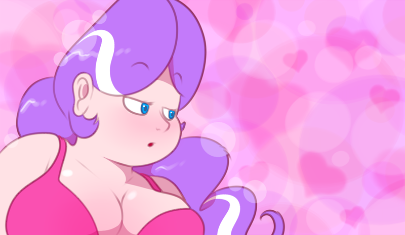 Size: 1280x744 | Tagged: suggestive, artist:secretgoombaman12345, derpibooru import, diamond tiara, human, ask chubby diamond, bedroom eyes, big breasts, blushing, bra, breast blush, breasts, busty diamond tiara, chubby diamond, clothes, fat, female, heart, heart background, humanized, image, lens flare, looking at someone, looking sideways, older, older diamond tiara, png, red bra, solo, sultry, underwear
