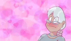 Size: 1280x744 | Tagged: safe, artist:secretgoombaman12345, derpibooru import, silver spoon, human, ask chubby diamond, blushing, clothes, female, heart, heart background, humanized, image, jewelry, lens flare, looking at someone, necklace, older, older silver spoon, pearl necklace, png, solo, sweater, wide eyes
